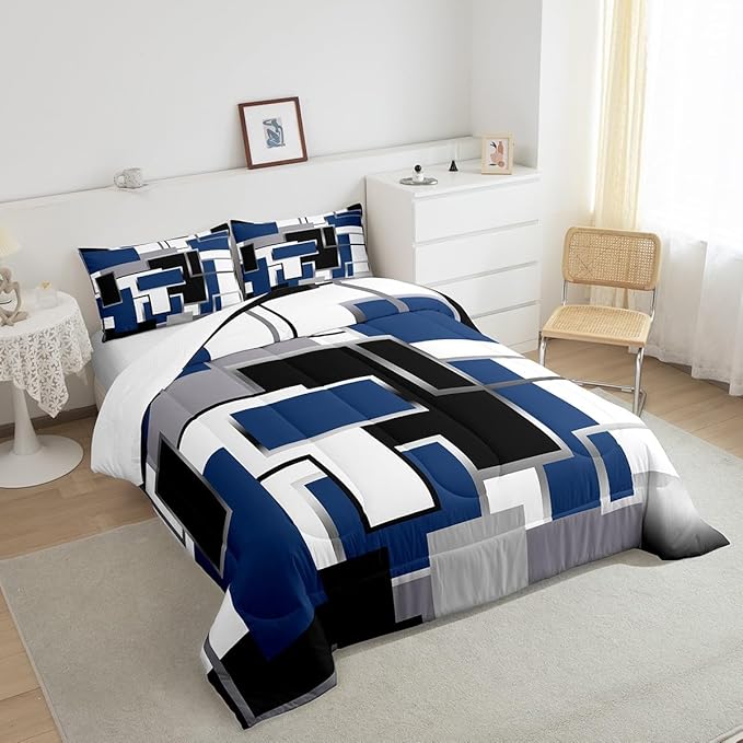 Erosebridal Blue Grey White Comforter Set for Kids Boys Girls,Geometric Bedding Set Queen,Watercolor Square Quilt Set,Modern Style Pattern Duvet Insert with 2 Pillowcases Home Room Decor