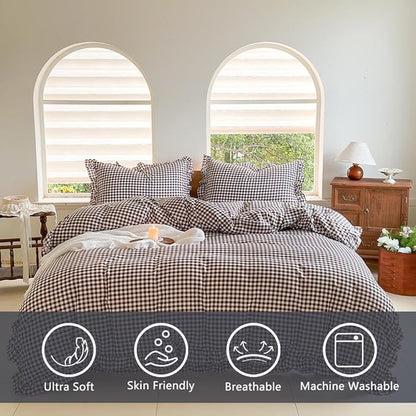 NSNLGSGC Mocha Ruffle Gingham Comforter Set Twin, Pre-Washed Ruffled Coffee Plaid Checked Comforter Bedding, 2 Pieces Vintage Farmhouse Grid Bedding Set(Mocha Gingham, Twin)