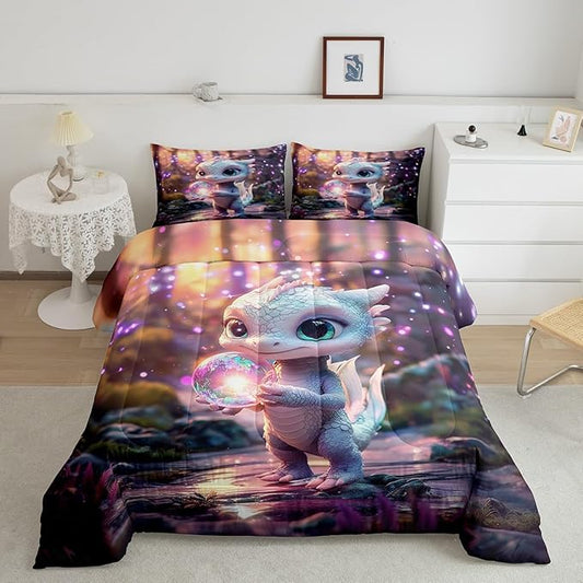 Feelyou Dragon Comforter Set Queen Size Cute Comforter for Boys Girls Teens Wild Life Bedding Set Dragon Decor Duvet Set Room Decor Pink Purple Quilt Set