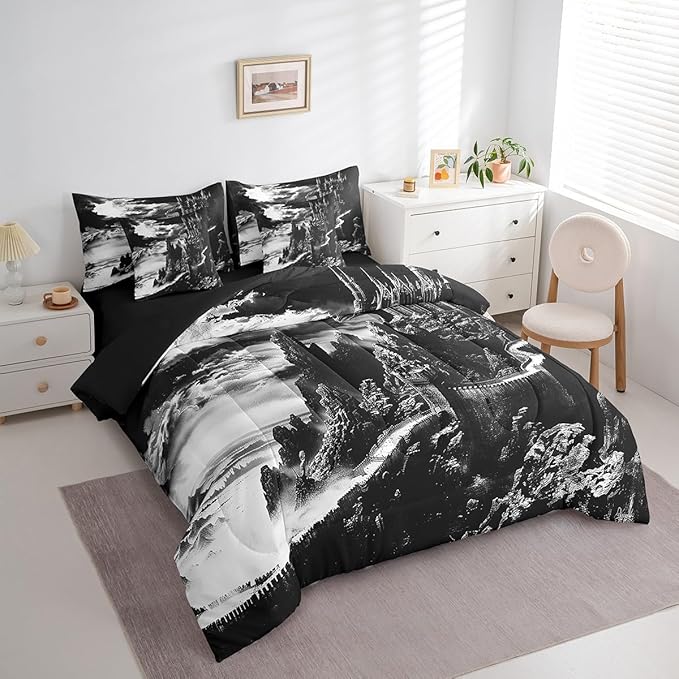 Erosebridal Gothic Dragon 7 Piece Comforter Set Full Bed in a Bag,Vintage Mythical Animal Bedding Sets Fantasy Castle Dark Sky Sheet Set with Comforter