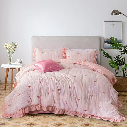 A Nice Night Rainbow Stripes & Bows Bedding Set,Ruffle 6 Piece Bed in a Bag Matching Sheet Set,Princess Style Chic Bow Printed,Light Pink Room Decor for Girls,Full