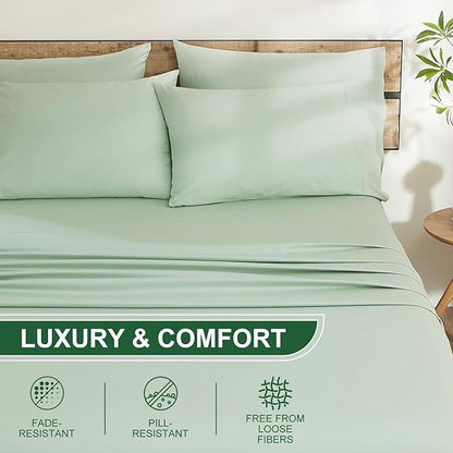 Ivellow 100% Egyptian Cotton King Size Sheets Set - 1200 Thread Count 6 PC 18" Deep Pocket King Sheets，Luxury Cotton Bed Sheets Soft Breathable Sage Green Cooling Sheet Sets Hotel Quality Bedding
