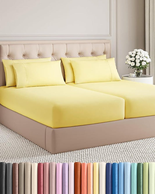 Split King 7 Piece Sheet Set - Comfy Breathable & Cooling - Ultra-Soft Hotel Luxury Bedding Set w/ 8-16 Inch Deep Pockets - 1 Flat & 2 Fitted Sheet & 4 Pillowcases - Wrinkle Free & Easy Care - Yellow