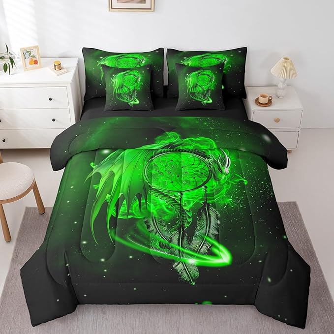Erosebridal Gothic Dragon Dream Catchers Bed in a Bag King Size Comforter Set 7 Pieces,Green Galaxy Bohemian Feather Bedding Sets Antique Animal Pterosaur Sheet Set with Comforter