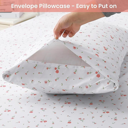 Softan Pink Floral Twin Size Sheet Set, 3 Pieces Single Bed Sheets for Girls, Cozy Microfiber Fitted Sheet with 15" Deep Pockets & Non-Slip Straps, Pink Flower Sheets & Pillowcase Set