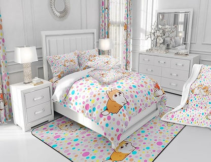 Castle Fairy Kawaii Dogs Queen Size Comforter Set,Colorful Polka Dots Down Alternative Comforter Adults Bedroom Decor,Cartoon Puppies Cute Pet Theme Ultra Soft Microfiber Inner Fill 3Pcs Bedding