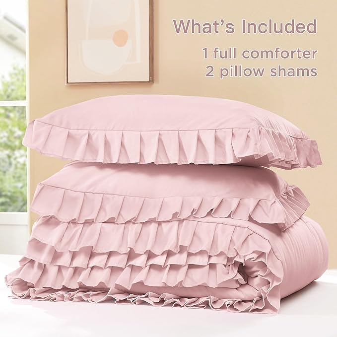 Litanika Grayish Pink Full Size Comforter Sets, 3 Pieces Ruffle Farmhouse Aesthetic Bedding Comforter Sets, All Season Soft Lightweight Fluffy Microfiber Bed Set(79x90In Comforter, 2 Pillowcases)