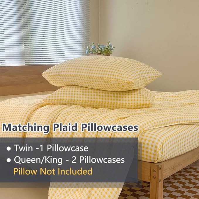 NSNLGSGC King Size Comforter Set, Yellow Gingham Bedding Comforter Sets, Yellow Grid Bed Comforter 3 Pieces (1 Comforter, 2 Pillowcases)