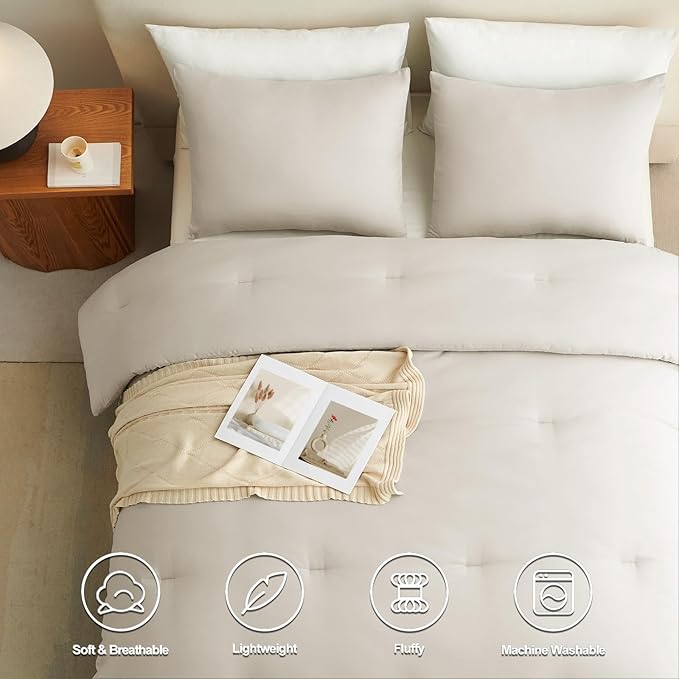 CozyLux California King Comforter Set Beige, 3 Pieces Cal King Solid Breathable Quilted Bedding Sets, Cozy Luxury Fluffy Soft Bed Sets with Down Alternative Comforter and 2 Pillowcases for All Season