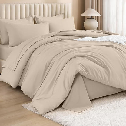 Litanika Comforter King Size Set Khaki - 7 Pieces Bed in a Bag King Bedding Comforter Sets, Plain Lightweight Bed Set with Comforter, Sheets, Pillowcases & Shams
