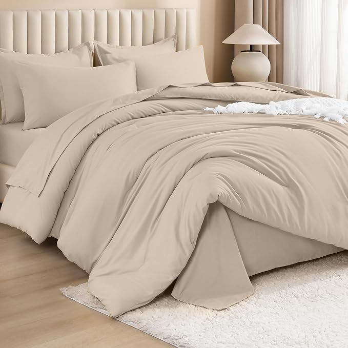 Litanika Comforter Full Size Set Khaki - 7 Pieces Bed in a Bag Full Bedding Comforter Sets, Plain Lightweight Bed Set with Comforter, Sheets, Pillowcases & Shams