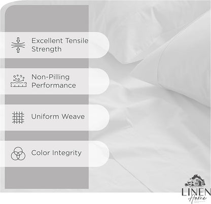 Linen Home 100% Cotton Percale Sheet Set, Queen Size, Snow White, Deep Pocket, 6 Pieces Set - 1 Flat, 1 Deep Pocket Fitted Sheet and 4 Pillowcases, Crisp Cool and Strong Bed Linen