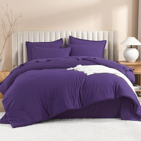 Litanika Comforter King Size Set Purple - 7 Pieces Bed in a Bag King Bedding Comforter Sets, Plain Lightweight Bed Set with Comforter, Sheets, Pillowcases & Shams