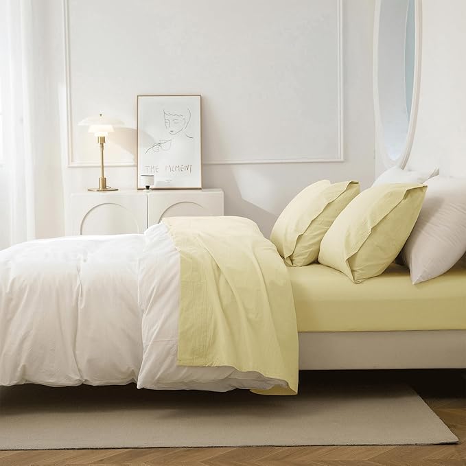 JIYUAN Twin Size Sheet Set, 3-Piece - 100% Washed Cotton, Linen-Like Soft & Breathable, Includes Deep Pocket Fitted & Flat Sheet with 1 Pillowcases, Hotel Quality, Solid Light Yellow
