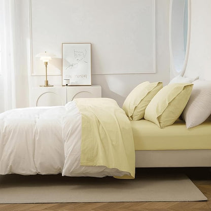JIYUAN California King Size Sheet Set, 4-Piece - 100% Washed Cotton, Linen-Like Soft & Breathable, Includes Deep Pocket Fitted & Flat Sheet with 2 Pillowcases, Hotel Quality, Solid Light Yellow