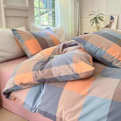 FACE TWO FACE Bedding Duvet Cover Set100% Washed Cotton Duvet Cover Linen Like Textured Breathable Durable Soft Comfy (Queen, Cookie Powder Grid)