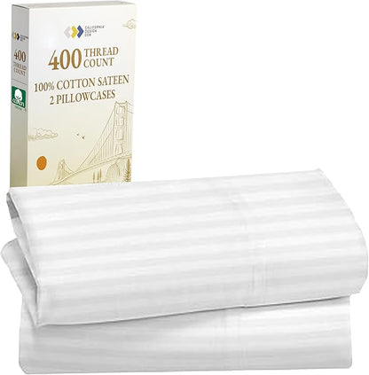California Design Den King Size Pillowcase Set - 400 Thread Count, 100% Cotton Sateen, Set of 2 Pillow Covers, Soft and Breathable - Striped Bright White