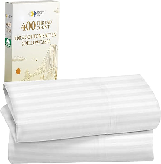 California Design Den Standard Queen Size Pillowcase Set - 400 Thread Count, 100% Cotton Sateen, Set of 2 Pillow Covers, Soft and Breathable - Striped Bright White