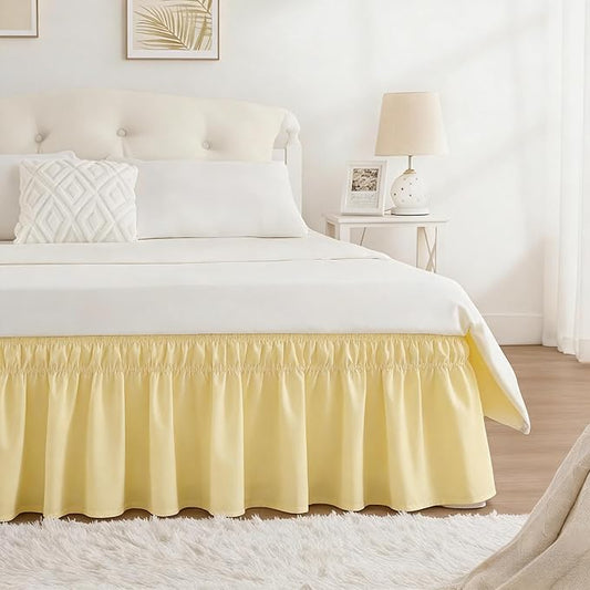 RIMELA Twin Bed Skirt Beige Yellow 12 Inch Drop,Wrap Around Elastic Bed Skirts Twin Size Dust Ruffle,Bedskirt for Adjustable Bed Base Solid Wrinkle and Fade Resistant Silky Fabric Machine Washable