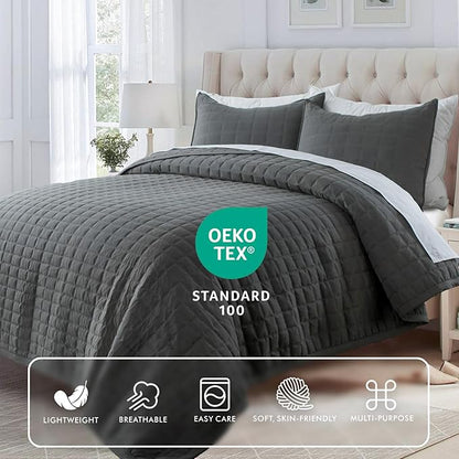 KASENTEX Oversized Queen Quilt Set 102"x106" – Soft Washed 3-Layer Lightweight Bedspread, Minimalist Nordic Design, All-Season Spring & Summer Quilt Set (1 Quilt + 2 Pillow Shams), Dark Grey