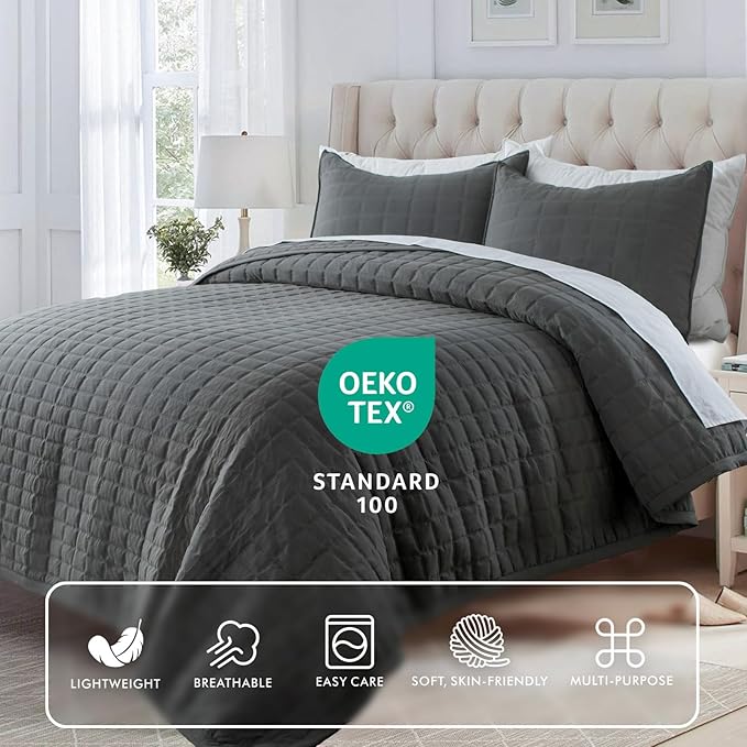 KASENTEX Twin Quilt Set 68"x86", Lightweight 3-Layer Bedspread, Soft Washed Polyester Microfiber, All-Season Quilt (1 Quilt + 2 Pillow Shams), Dark Grey