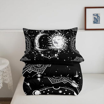 Sun and Moon Bedding Set Constellation Galaxy Comforter Set for Kids Boys Girls Teens Psychedelic Boho Mandala Comforter Breathable Celestial Duvet Set Black White Room Decor Quilt Cover King Size