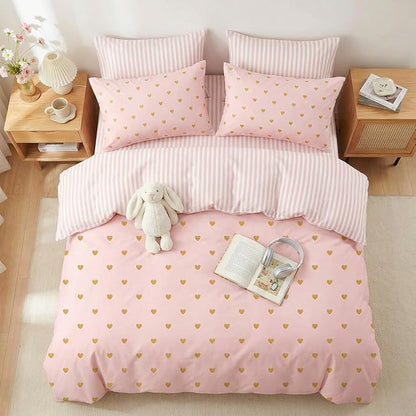Pink Comforter Set Queen Gold Heart Bedding Set for Girls Kids, Reversible Pink White Wide Striped Design, Cute Coquette Comforter 3 Pieces, with 2 Pillowcases, Soft 100% Microfiber