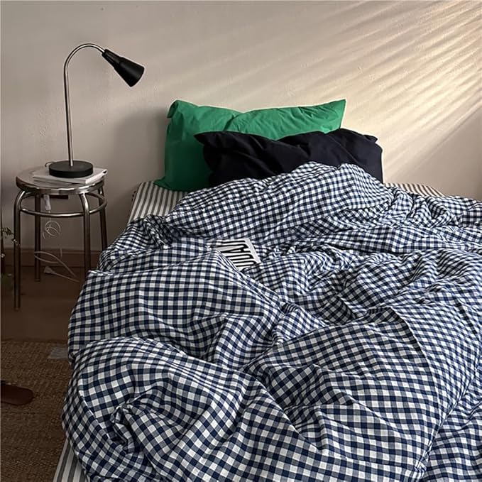 Nayoroom Navy Blue Gingham Duvet Cover Queen Size 100% Washed Cotton Plaid Checkered Duvet Cover 3 Pieces Soft Breathable Grid Farmhouse Dorm Bedding Set for All Seasons
