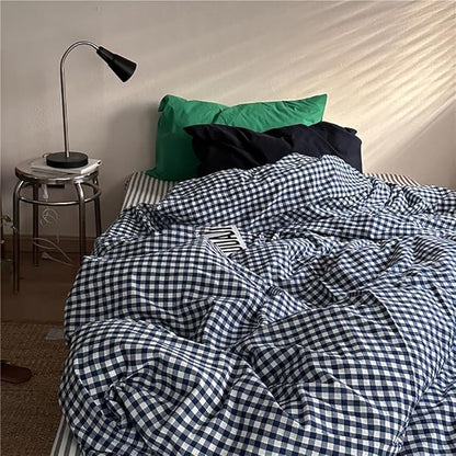 Nayoroom Navy Blue Gingham Duvet Cover Queen Size 100% Washed Cotton Plaid Checkered Duvet Cover 3 Pieces Soft Breathable Grid Farmhouse Dorm Bedding Set for All Seasons