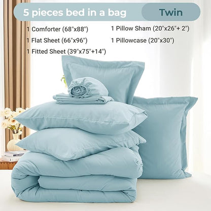 MUXHOMO 5 Pieces Twin Comforter Set, Soft Bed in a Bag Twin Size, All Season Bedding Set with Comforter, Flat Sheet, Fitted Sheet, Pillowcases & Shams, Lake Blue