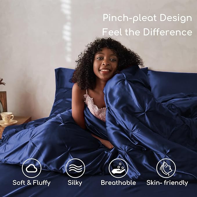 MR&HM Satin Comforter Full 7 Pieces - Luxurious Pinch Pleat Bedding Set with Comforter, Flat Sheet, Fitted Sheet, Pillowcases & Shams, Super Silky Soft Bed Set for All Season (Full, Navy Blue)