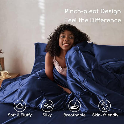 MR&HM Satin Comforter King 7 Pieces - Luxurious Pinch Pleat Bedding Set with Comforter, Flat Sheet, Fitted Sheet, Pillowcases & Shams, Super Silky Soft Bed Set for All Season (King, Navy Blue)