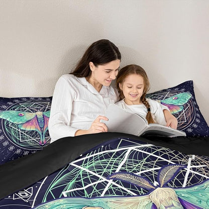 Erosebridal Moth Comforter Butterfly Bedding Set Queen Size Gothic Decor Down Comforter Geometric Comforter Set Halloween Duvet Set for Kids Boys Girls Teens Room Dorm Decorative, Navy Blue