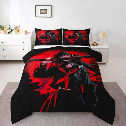 Erosebridal Japanese Anime Bedding Set for Kids, Anime Girl Comforter Set Twin Size Japanese Girl Duvet Insert for Girls Teens Adult Room, Kawaii Animation Red Black Quilt, Machine Washable