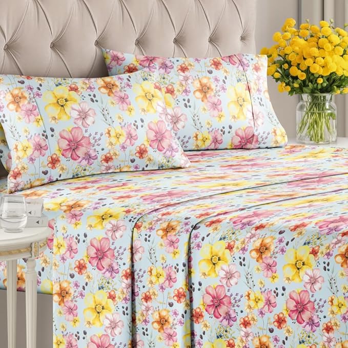 Floral Sheets - Watercolor Floral Bed Sheet Set - 1 Flat, 1 Fitted & 2 Pillowcases w/ Deep Pockets - Wrinkle & Fade Free - Boho Botanical Bedding - Ultra-Soft, Breathable and Cooling - Queen Size