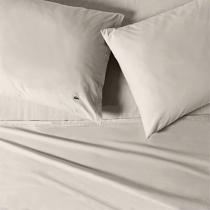 Lacoste 100% Cotton Percale 4-Piece Sheet Set – Cool, Crisp, Matte, and Durable, Oeko-Tex Certified – Solid, Pumice Stone, California King