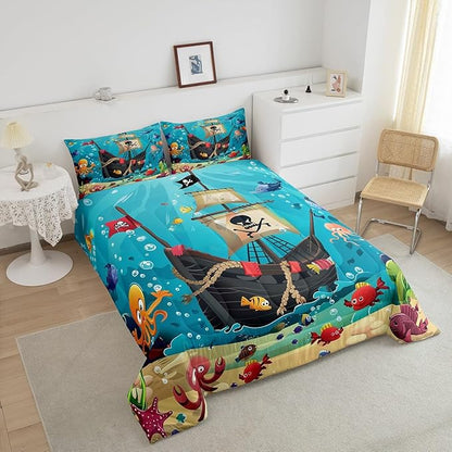 Castle Fairy Cartoon Pirate Ship Comforter Set Twin Size for Kids Marine Adventure Bedding Sets All Season Underwater Fish Quilt Set Bedroom Decor Cute Octopus Jellyfish Down Comforter,2Pcs