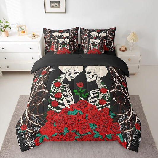 Erosebridal Sugar Skull Bed in a Bag Queen Comforter Set 7 Piece,Gothic Bone Skeleton Halloween Decorations Bedding Sets Red Rose Sheet Set with Comforter