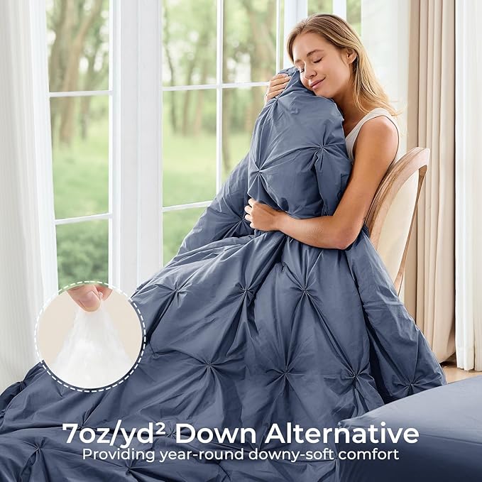 Sasttie King Size Comforter Set, 7-Piece Bed in a Bag, Pintuck Bedding Set for All Season, Includes Comforter, Flat Sheet, Fitted Sheet, Pillowcases and Pillowshams, Indigo Blue