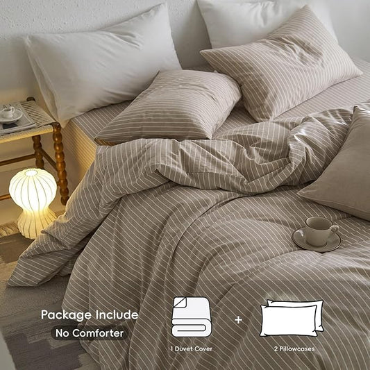 MooMee Striped Duvet Cover Set 100% Washed Cotton Linen Like Textured Breathable Durable Soft Comfy (Tannish Linen Grey White Wide Stripes, Oversized King Plus 128"x120")