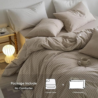 MooMee Striped Duvet Cover Set 100% Washed Cotton Linen Like Textured Breathable Durable Soft Comfy (Tannish Linen Grey White Wide Stripes, Palatial King/Oversized King 120"x98")