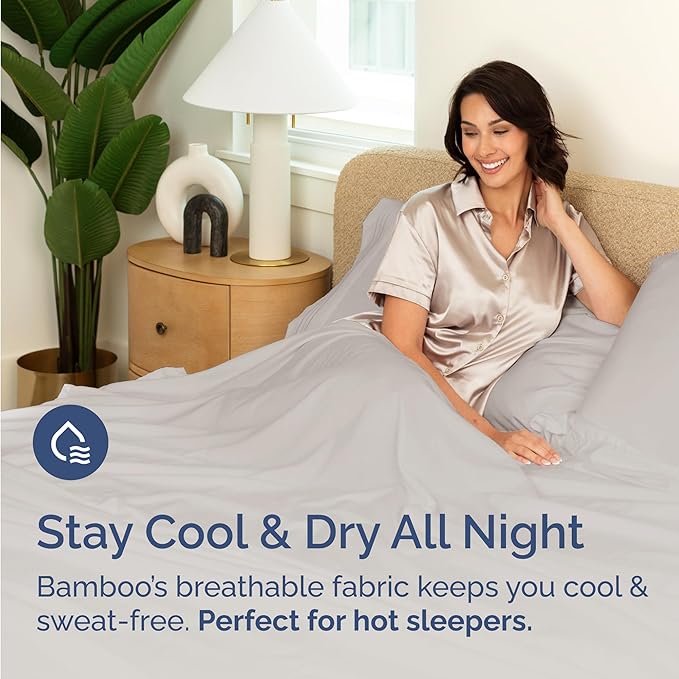 Bed Sheets Twin Size - Cooling Sheets for Twin - 100% Rayon Derived from Bamboo - Soft, Breathable & Hotel Luxury Bedding - 1 Flat & 1 Fitted and 2 Pillowcases w/ 16 Inch Deep Pockets - Light Grey