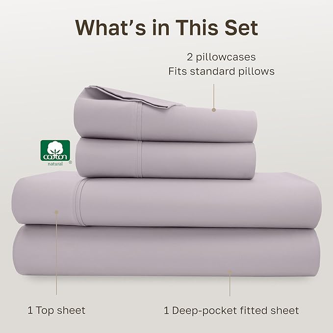 California Design Den Full Size Bed Sheets Set - Soft 400 Thread Count Sateen, Natural 100% Cotton Sheets with Deep Pockets, Breathable, and Durable Bedding Set - Dusky Lavender Grey