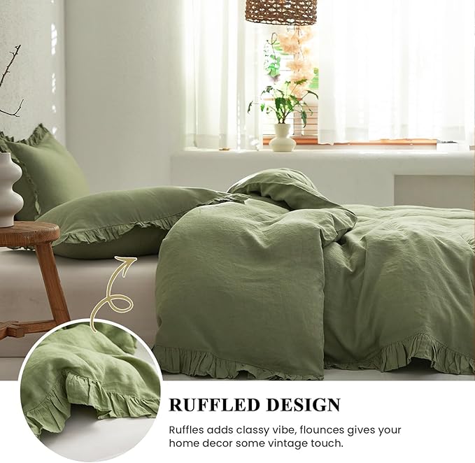 Simple&Opulence 100% Linen Duvet Cover Set, 3 PCS Natural French Flax Sage Green Ruffle Duvet Cover Queen Size, Breathable Comfy Linen Bedding Comforter Cover with 2 Pillowcases(Sage Green, 88" X 92")