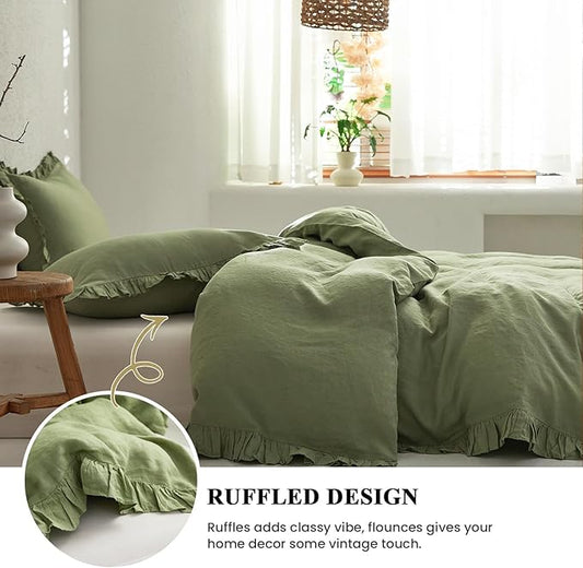 Simple&Opulence 100% Linen Duvet Cover Set, 3 PCS Natural French Flax Sage Green Ruffle Duvet Cover Queen Size, Breathable Comfy Linen Bedding Comforter Cover with 2 Pillowcases(Sage Green, 88" X 92")