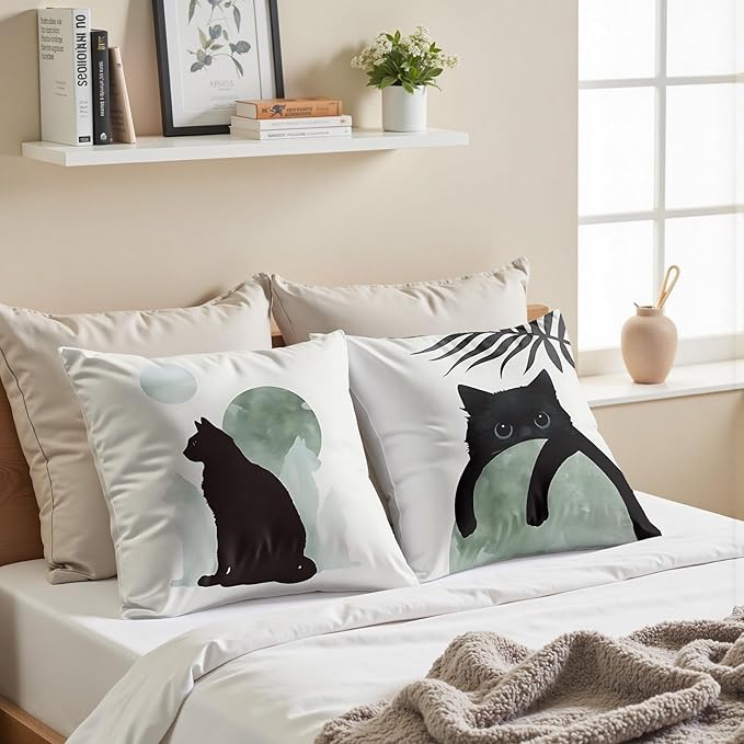 Sage Green Cat Throw Pillow Covers 18x18 Set of 2, for Cat Lovers,Boho Black Cat Pillowcases, Aesthetic Green and Black Decor for Dorm Bedroom Office(01)
