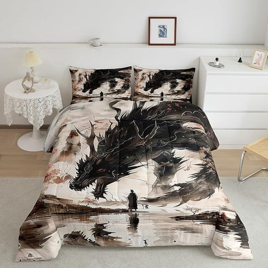 Feelyou Dragon Comforter Set Queen Size Japanese Style Comforter for Boys Girls Teens Samurai Bedding Set Japanese Ukiyoe Duvet Set Room Decor Black Beige Quilt Set