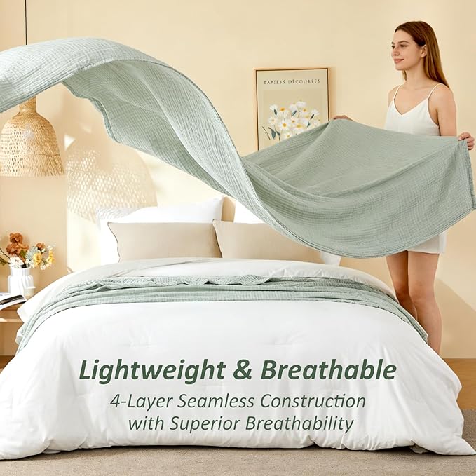 EMME Cotton Muslin Queen Blanket Bed Layering Bedspread Coverlet Breathable Gauze Soft Lightweight Blankets Adults (Heather Sage Green, 90"x90")