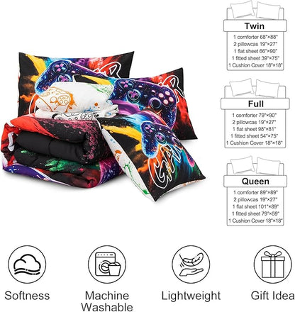 Aimuan Gamer Gaming Bedding Sets 3D Gamepad Comforter Sets for Boys Games Console Action Buttons Novelty Colorful Game Controller Modern Room Decor Home Quilt Set (Black-Purple, Queen 6Pcs)