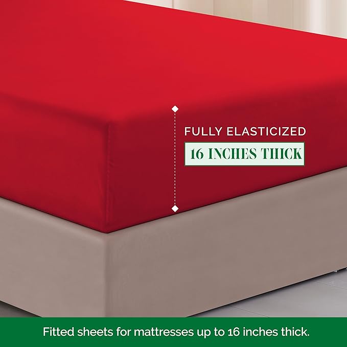 Elegant Comfort Luxurious 1500 Premium Hotel Quality Microfiber Three Line Embroidered Softest 4-Piece Bed Sheet Set, Wrinkle and Fade Resistant, Full, Red